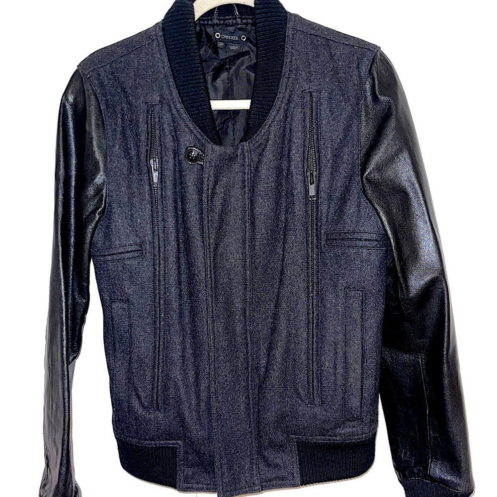 Wool Leather Sleeve Bomber Jacket